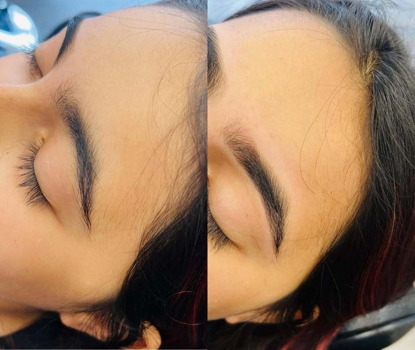Before and after eyebrow threading at Creative Brows — clean, shaped brows from a single visit